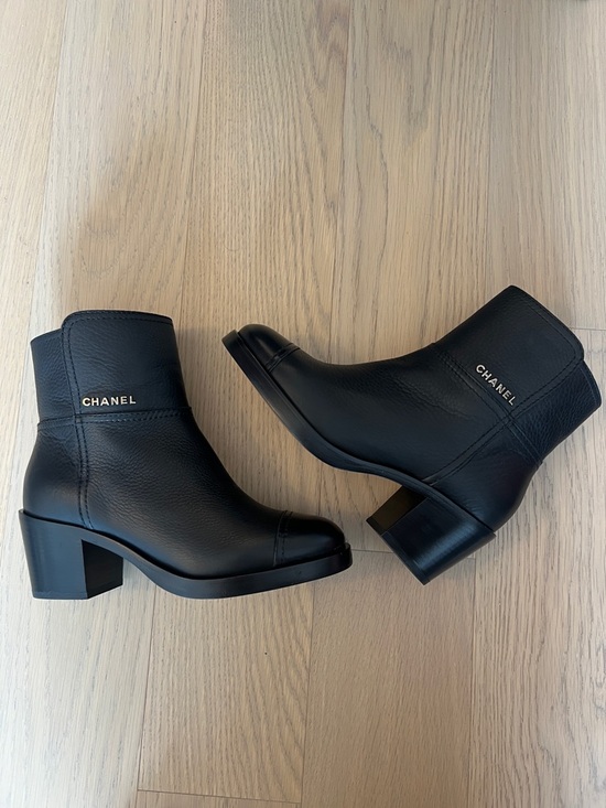 CHANEL Shoes - Chanel Black Leather Short Slip-On Booties with Block
Heel - Size EU 38 (US 7)